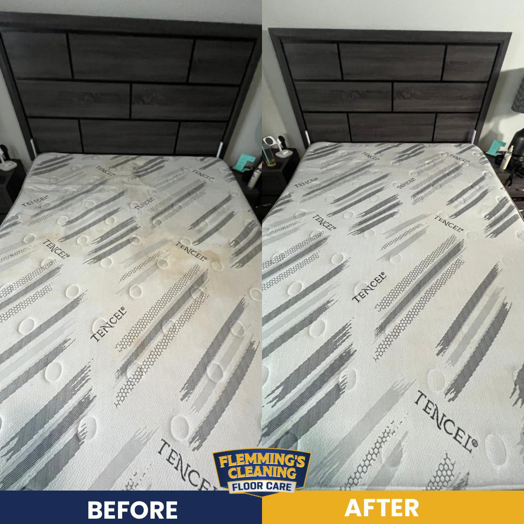 Before-and-after view of a bed with a new mattress protector in a bedroom; left is before, right is after.
