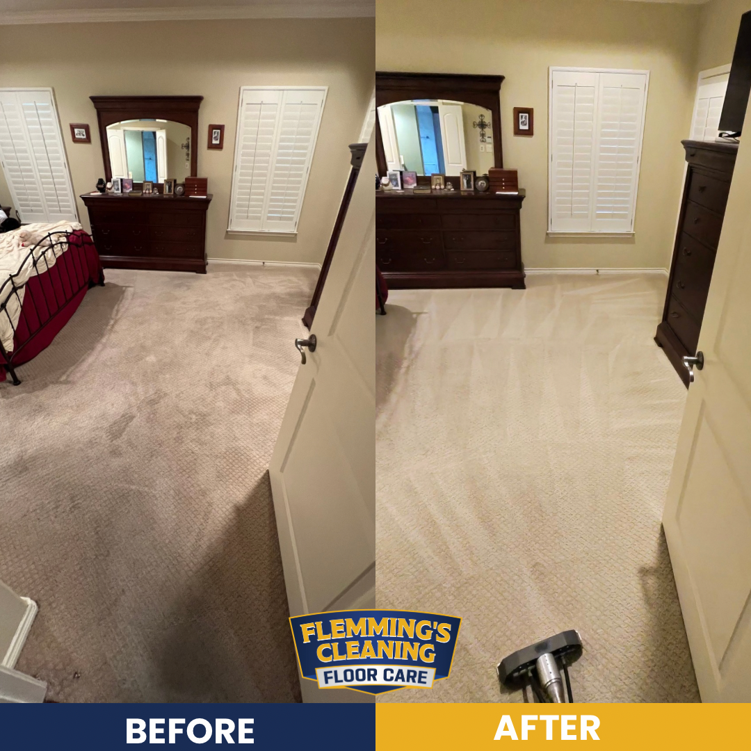 Before-and-after view of a bedroom carpet being cleaned, left stained beige and right bright tan and smooth.