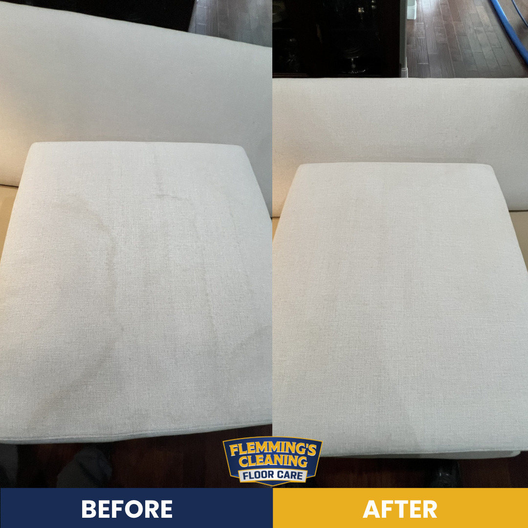 Before-and-after view of a cleaned white upholstered cushion, with minor stains removed.