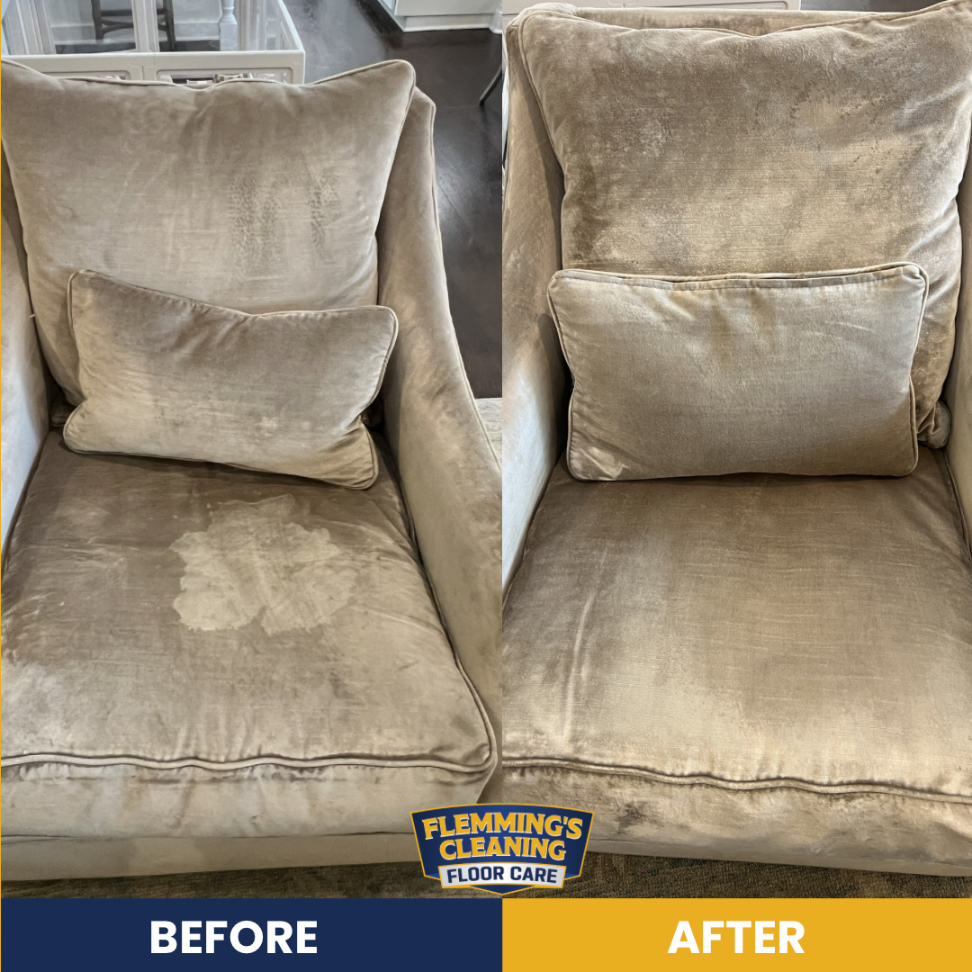 Before-and-after of a tan upholstered chair cleaned to look brighter and less stained