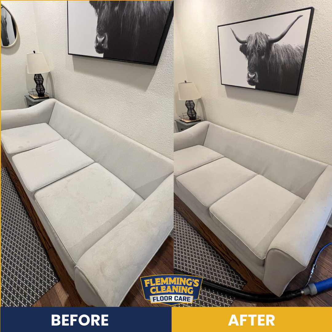 Before-and-after of a white sectional sofa with fuller cushions in a living room, labeled “BEFORE” and “AFTER”