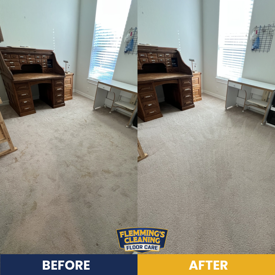 Before-and-after of a carpet cleaning, showing a cleaner beige carpet in a room with a wooden desk and chair.