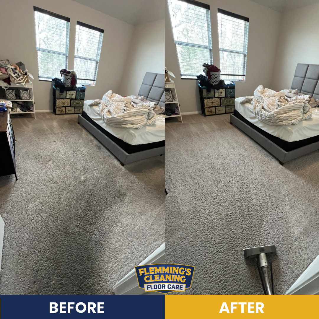 Before-and-after split of a cluttered bedroom, showing a cleaned, more organized room.