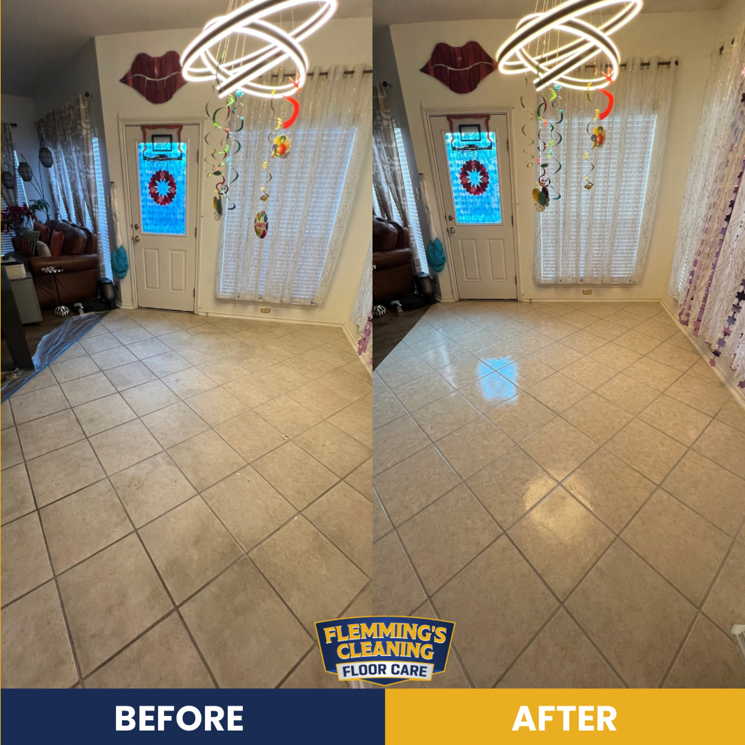 Before-and-after view of a tiled room floor, showing a cleaner, brighter finish on the right.