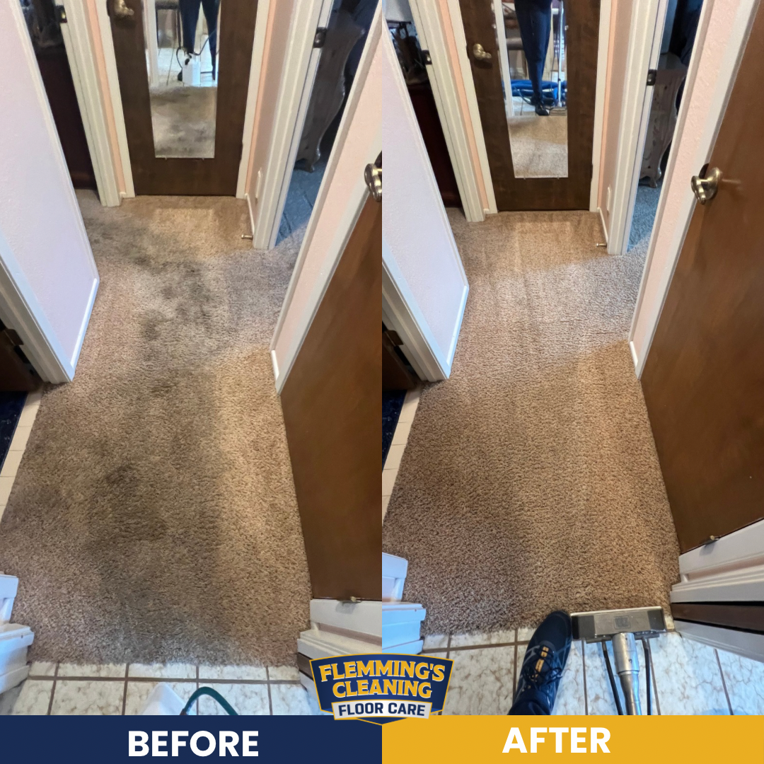 Before-and-after hallway carpet cleaning, showing a visibly cleaner tan carpet.