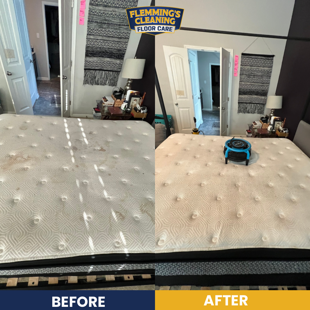 Before-and-after bedroom mattress cleaning, with visible stain removal on the left side.