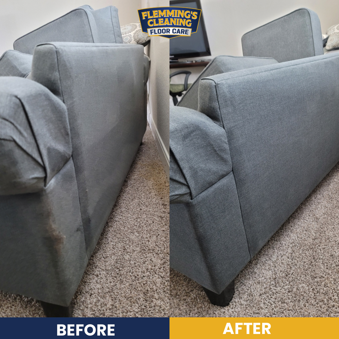 Before-and-after couch cleaning: gray sofa upholstery looks refreshed and smooth.