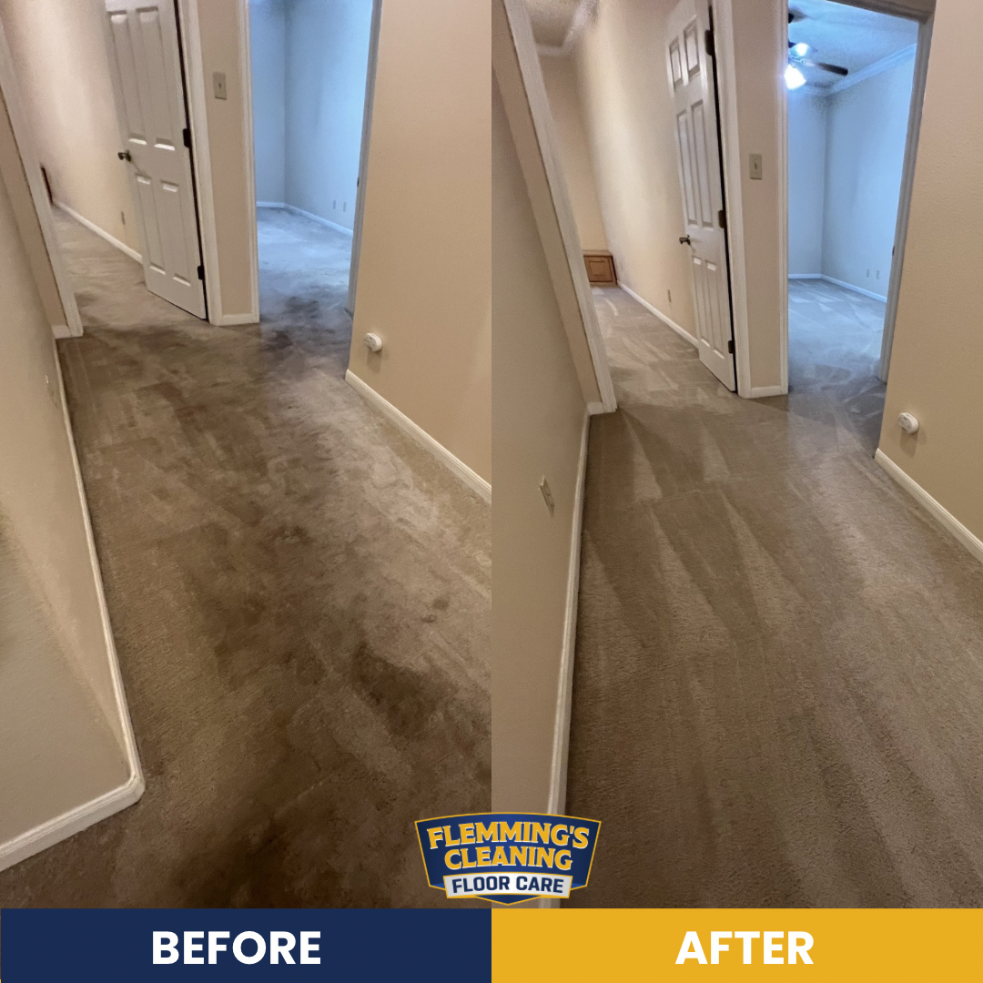 Hallway carpet before and after cleaning: stained brown carpet changed to clean gray-brown flooring.