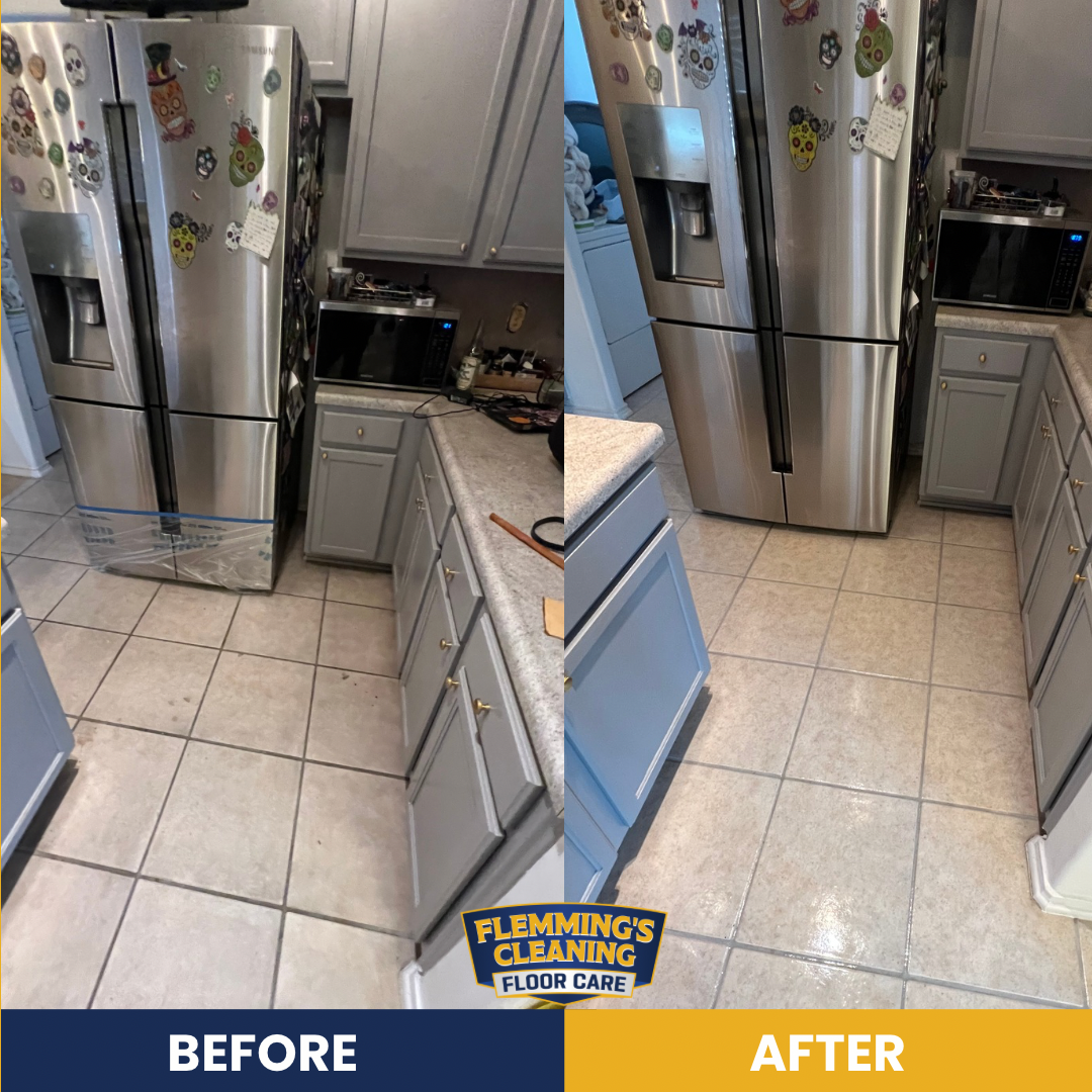 Before-and-after kitchen floor with damaged tile replaced by clean beige flooring near stainless steel fridge.