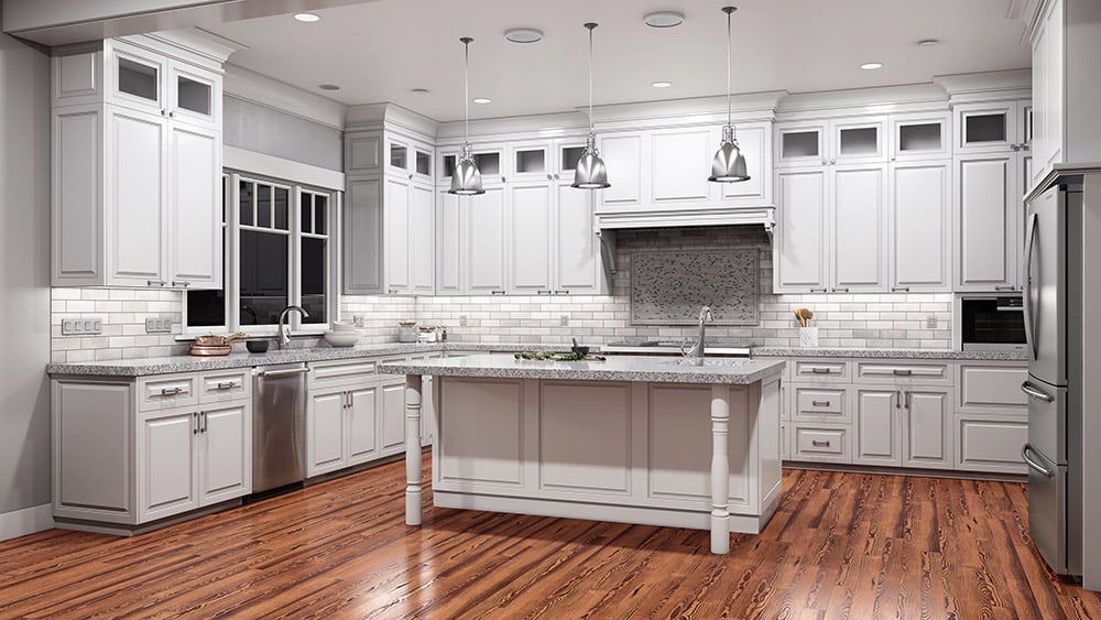 A kitchen with white cabinets , granite counter tops , stainless steel appliances and a large island.