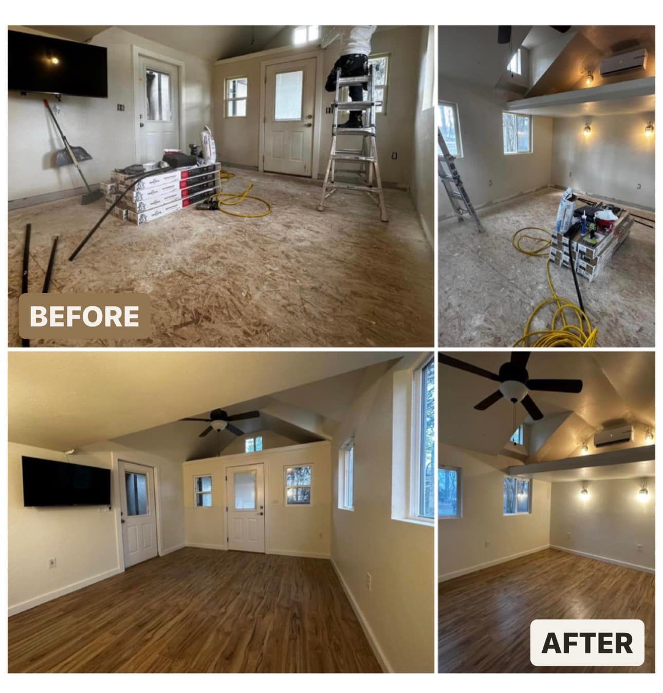 A before and after photo of a living room