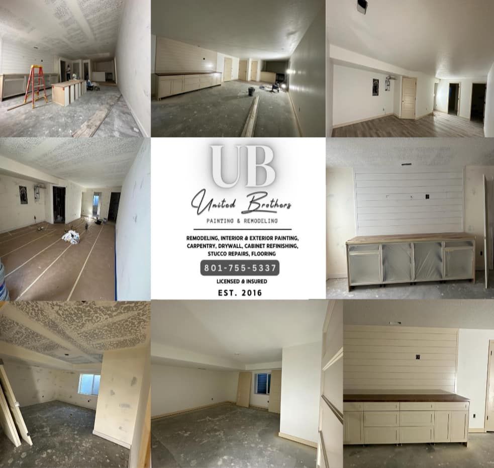 A collage of pictures of a room being remodeled by united brothers