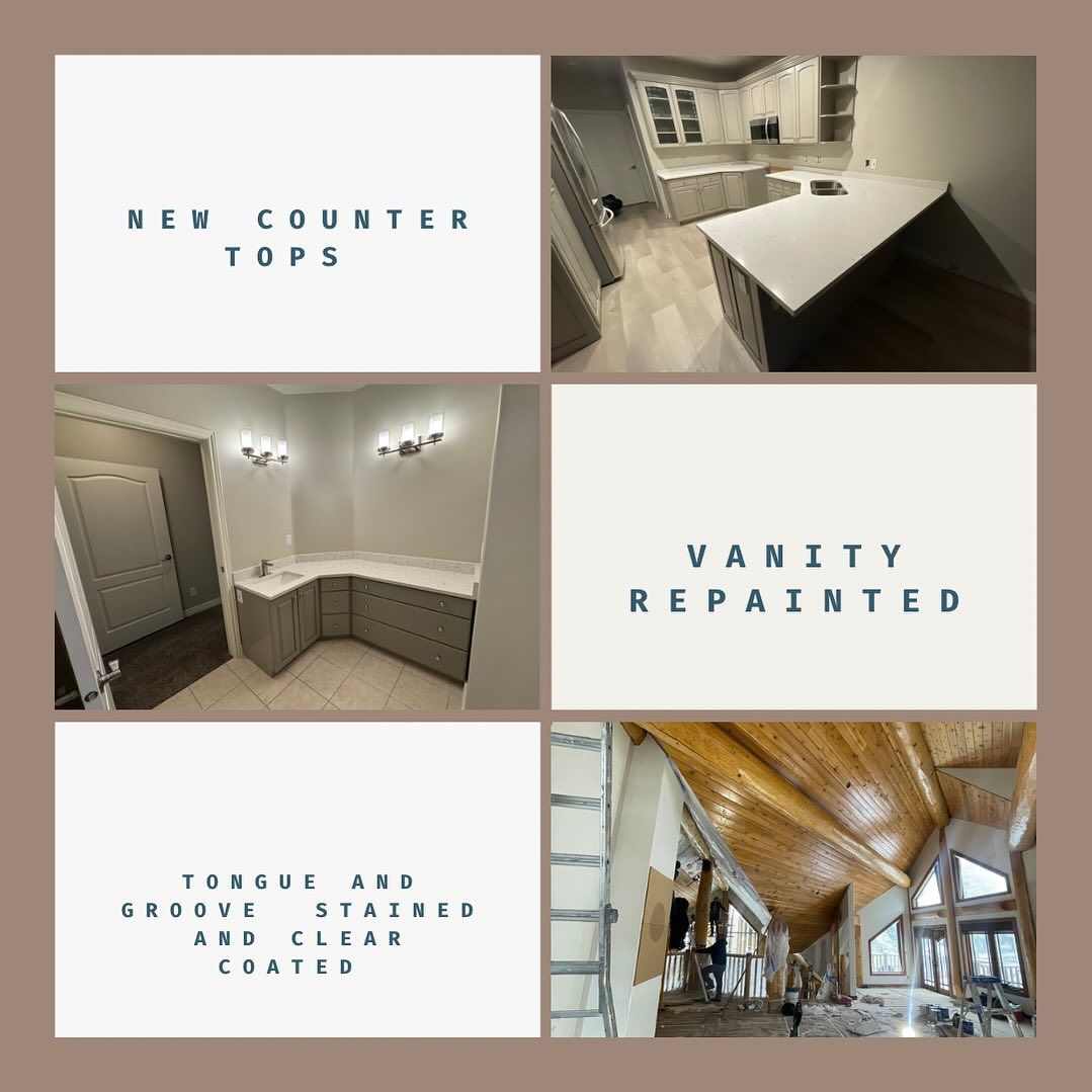 A collage of pictures of a bathroom and a vanity