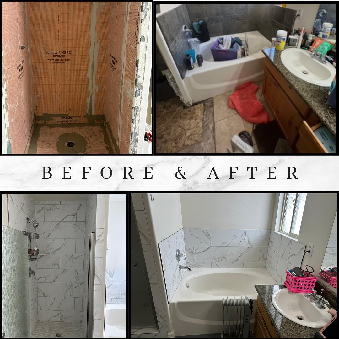 A before and after photo of a bathroom with a bathtub and sink