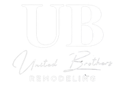 A white logo for united brothers remodeling on a white background.