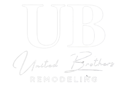 A white logo for united brothers remodeling on a white background.