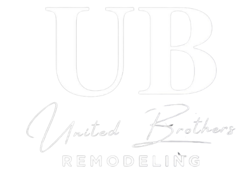 A white logo for united brothers remodeling on a white background.