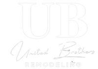 A white logo for united brothers remodeling on a white background.