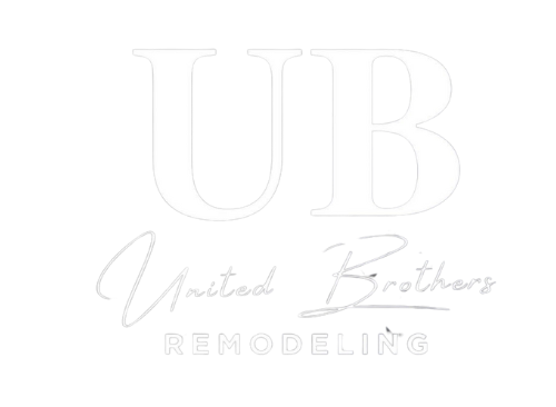 A white logo for united brothers remodeling on a white background.