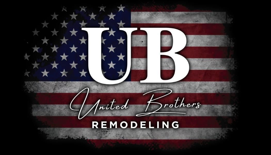 A logo for united brothers remodeling with an american flag in the background