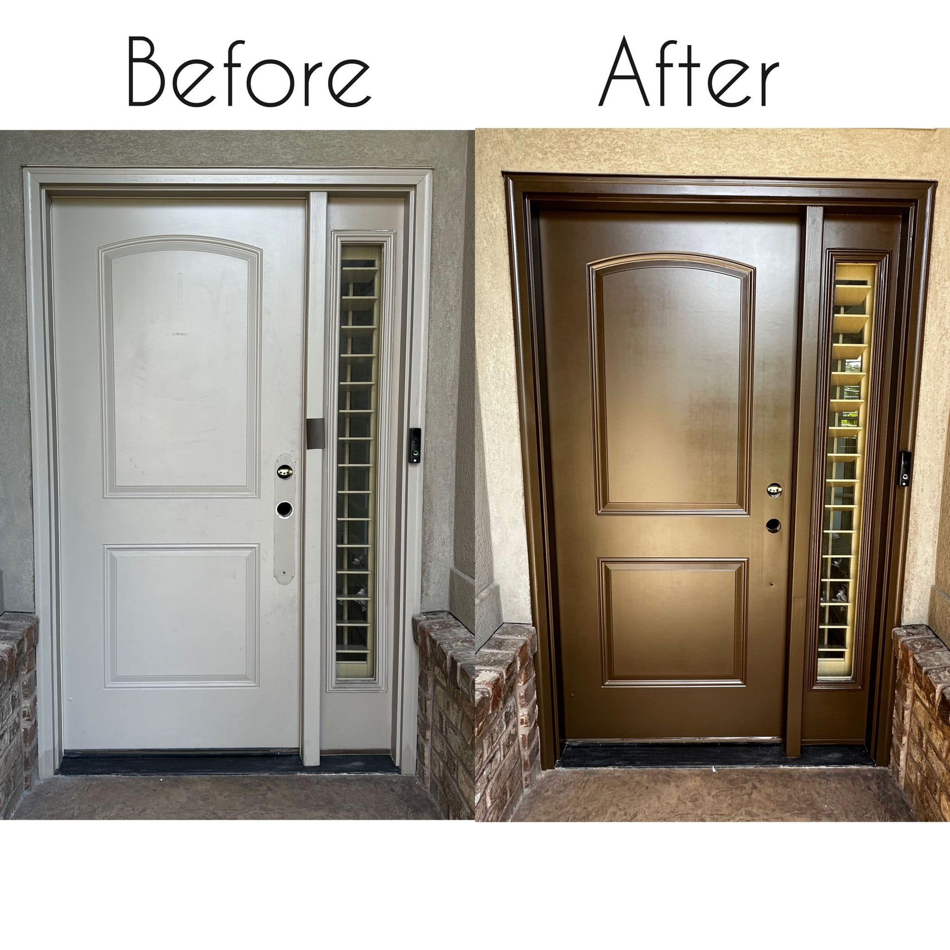 A before and after picture of a white door and a brown door