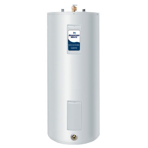 A white water heater is sitting on a white surface.