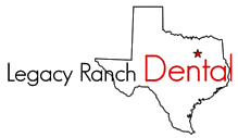 The logo for legacy ranch dental is a map of texas.