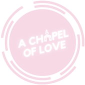 A pink circle with the words `` a chapel of love '' written inside of it.