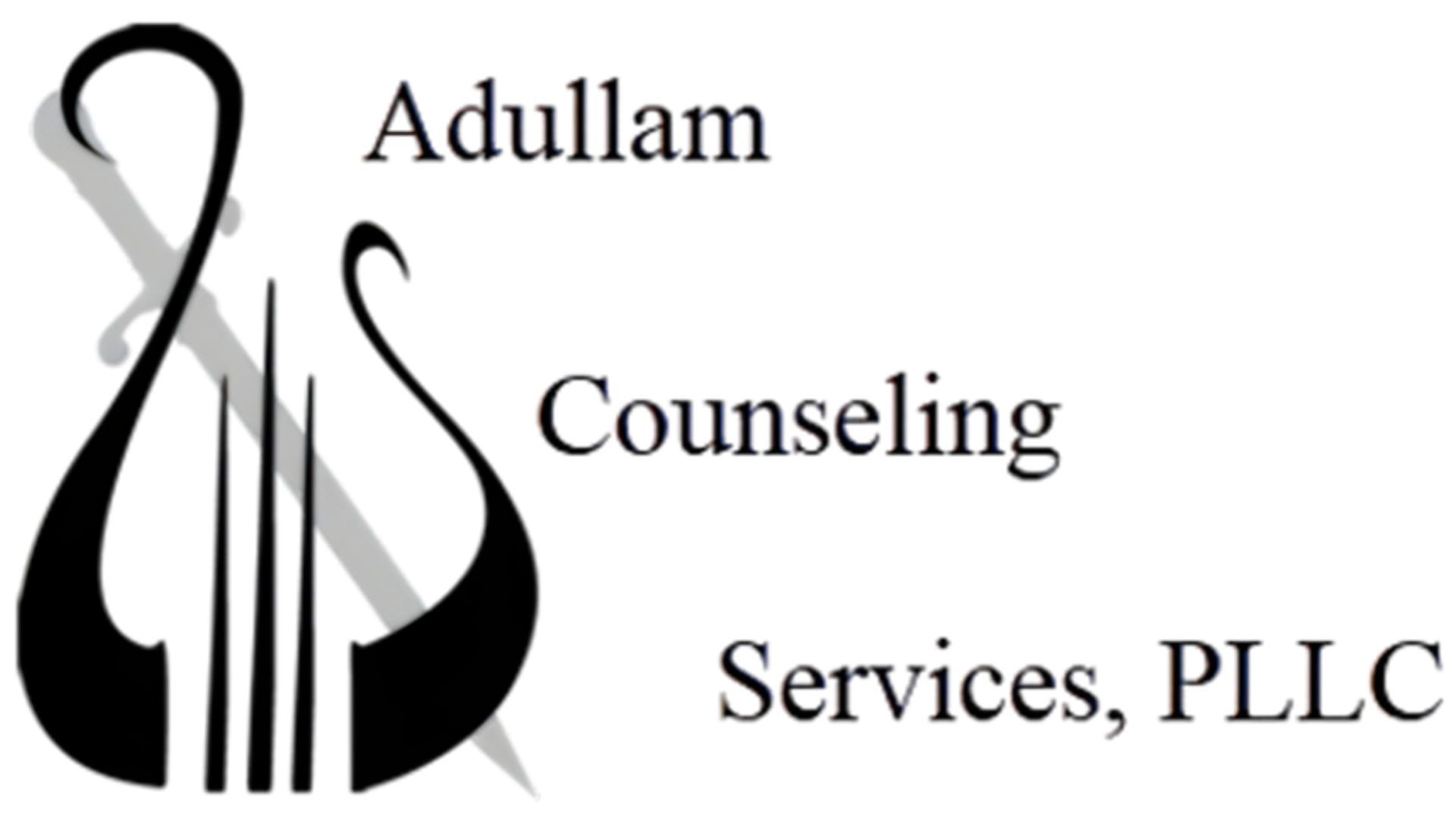 Logo for Adullam Counseling Services, PLLC, featuring a stylized black harp shape overlaid with a faint gray sword.