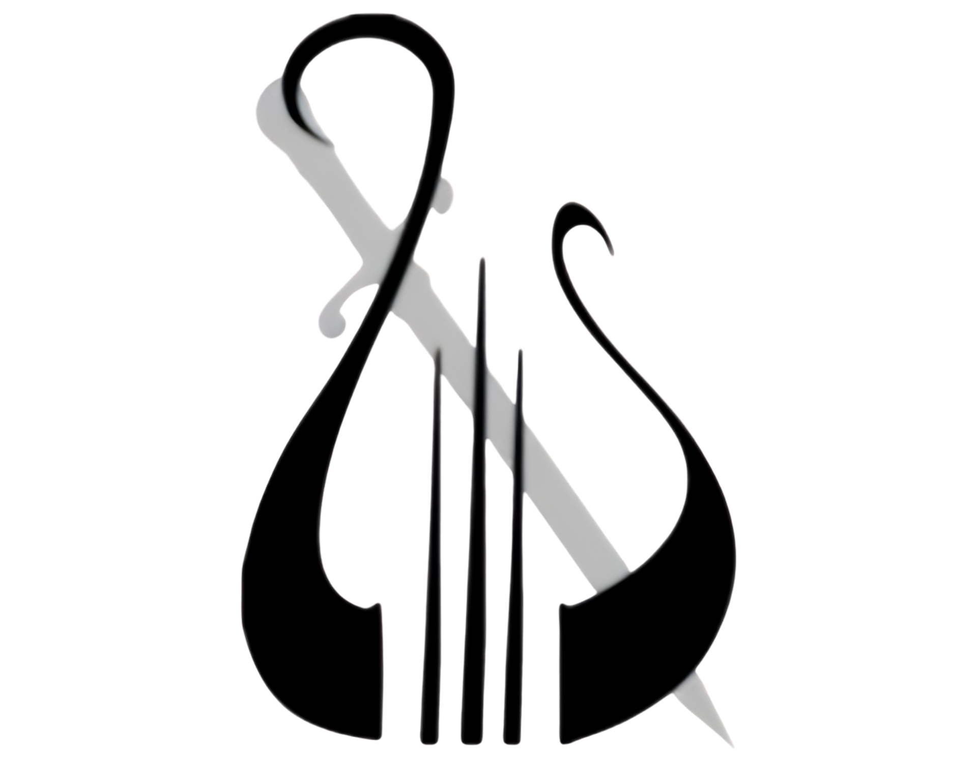 A black graphic of a lyre overlaid with a faint, light gray silhouette of a sword.