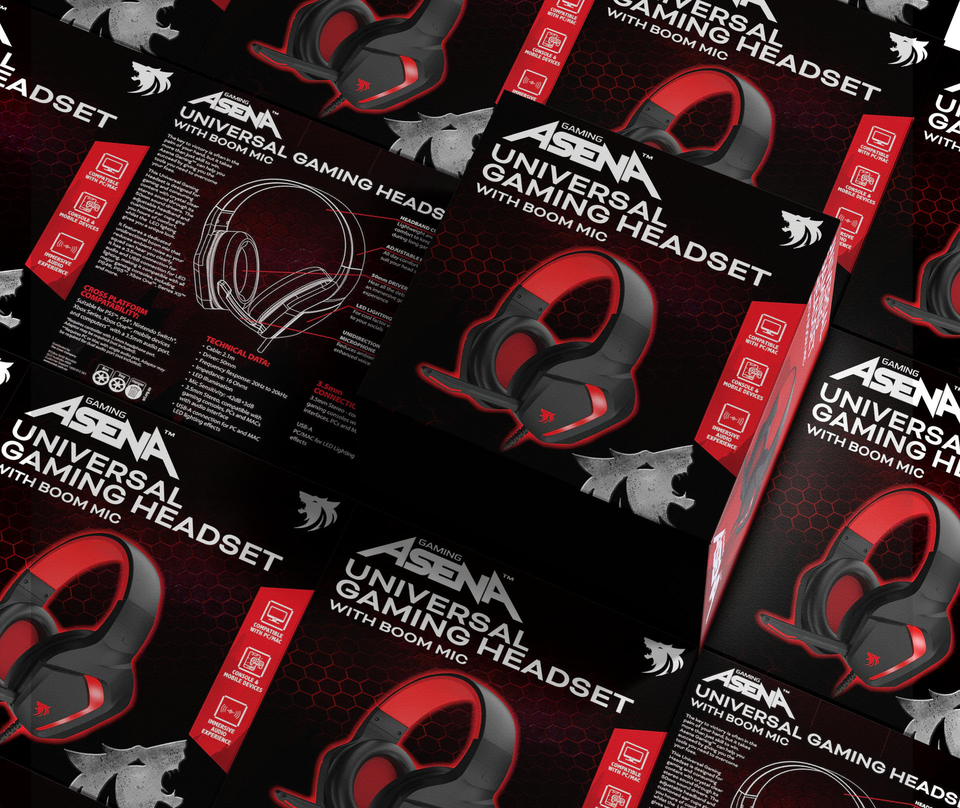 A bunch of boxes that say universal gaming headset