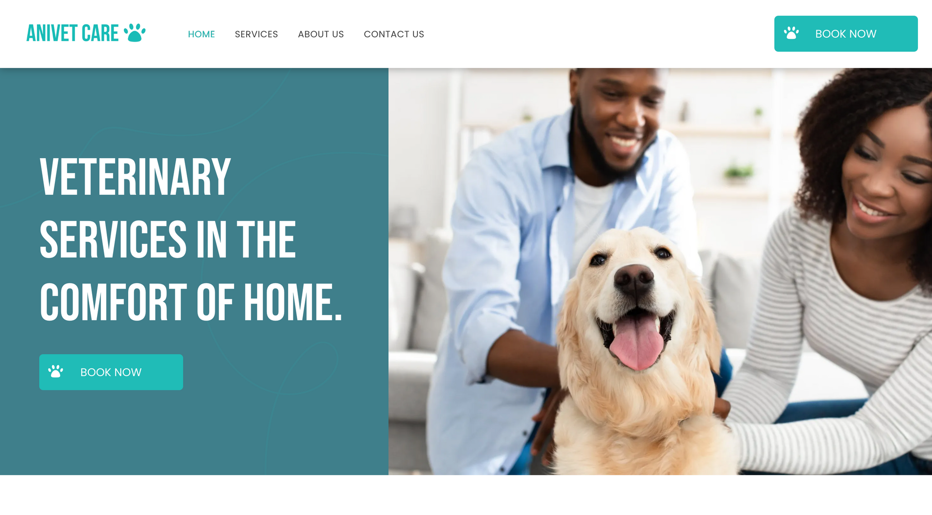 A man and woman are petting a dog on a website that says veterinary services in the comfort of home.