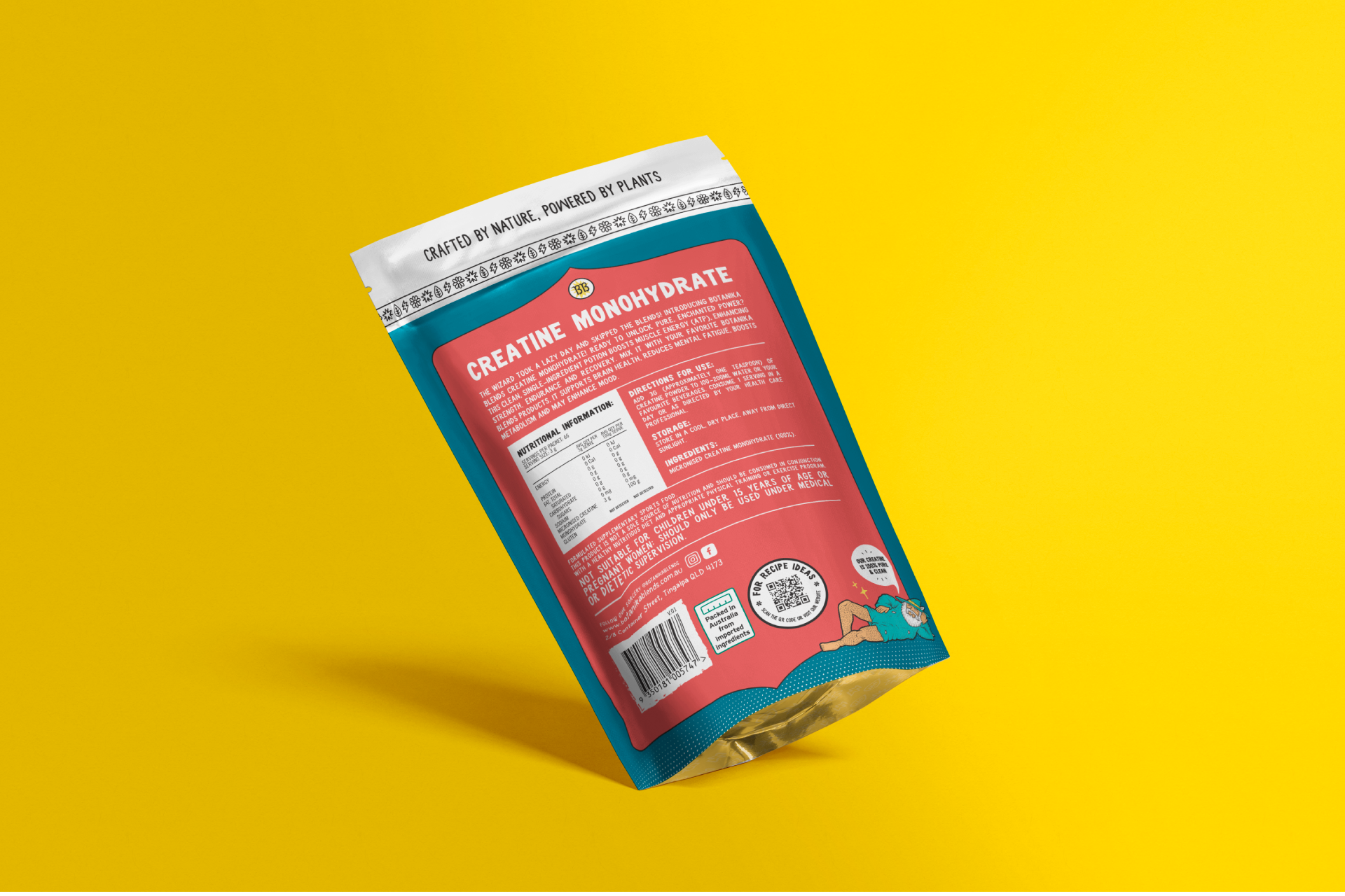 A bag of creatine powder is floating in the air on a yellow surface.