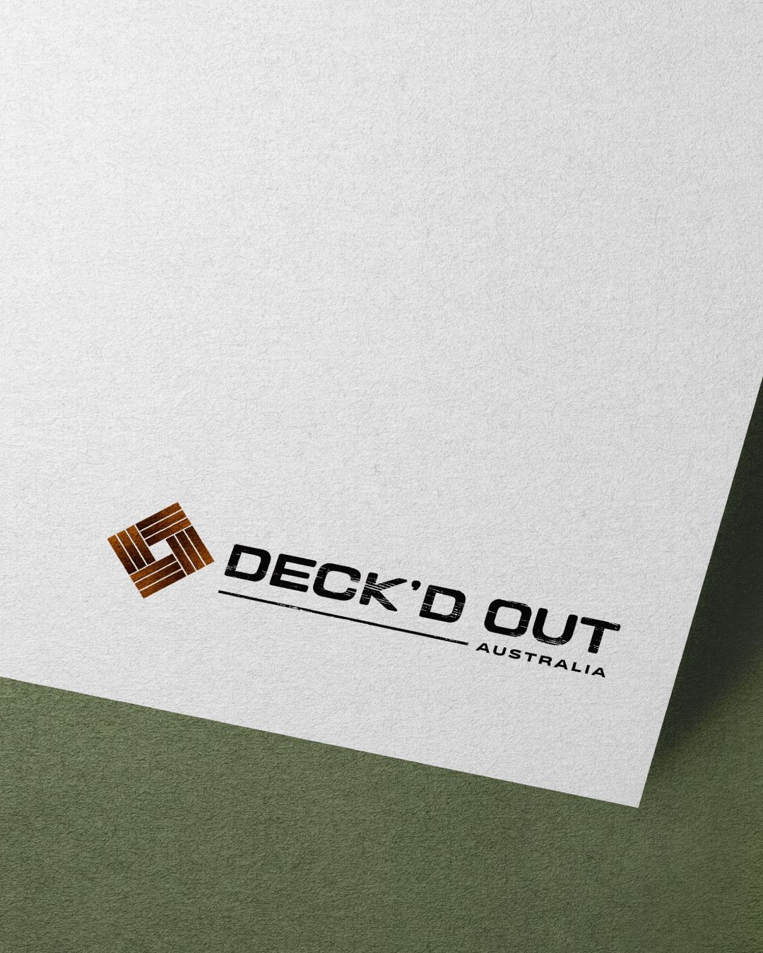 Logo for Deck'd Out Australia, featuring a brown square pattern and black text on a white background.
