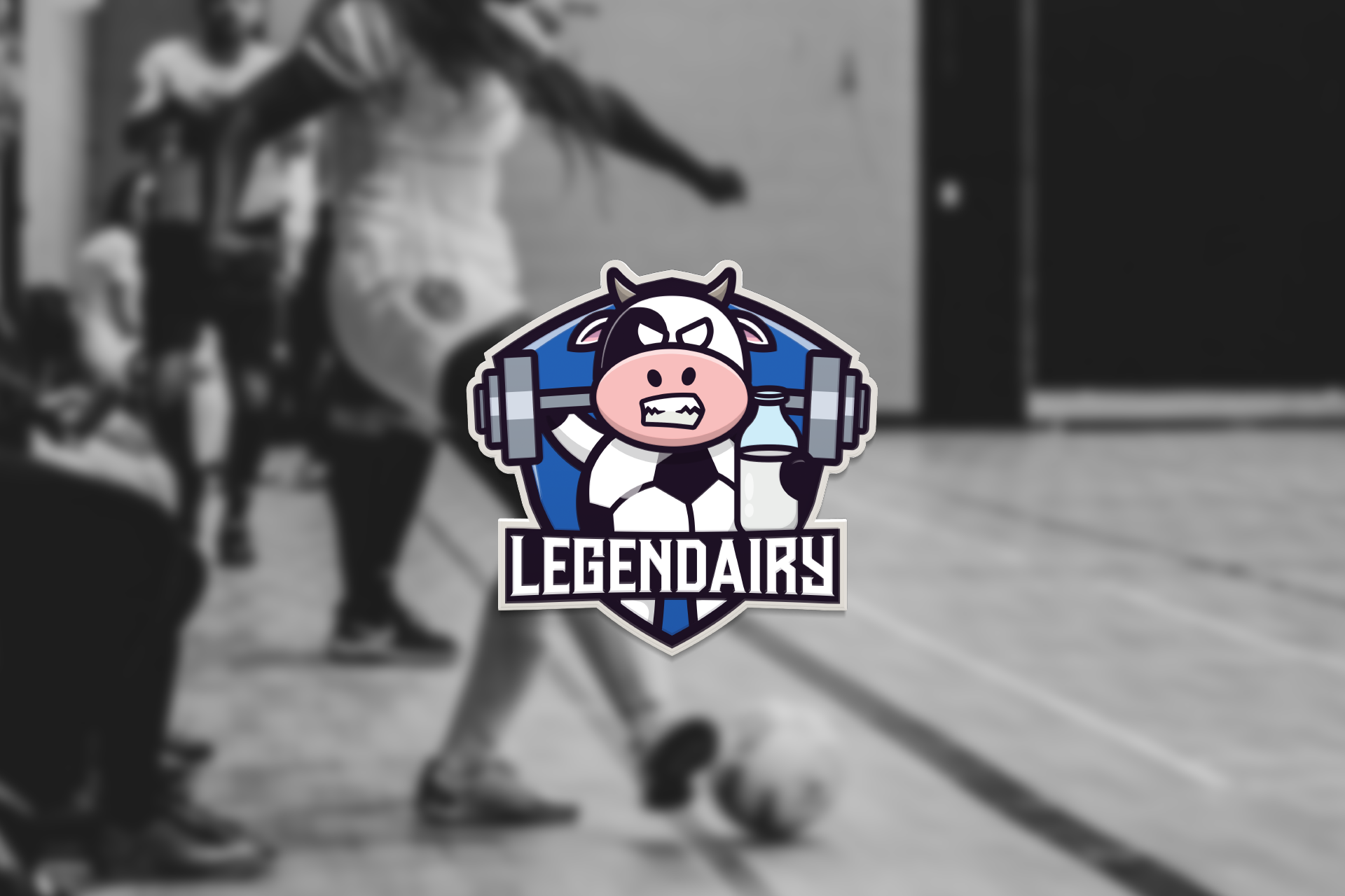A logo for legendary with a cow lifting a barbell