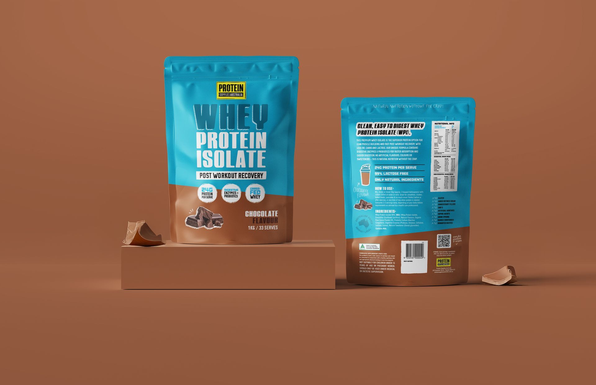A bag of whey protein isolate is sitting on top of a brown table.