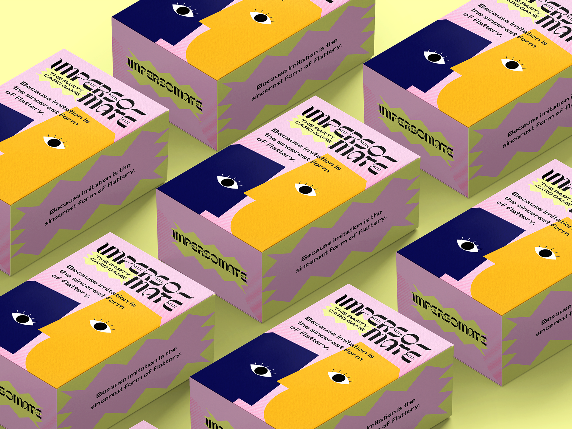 Colourful packaging design for 'Impersonate' game featuring abstract faces and bold typography on vibrant boxes.