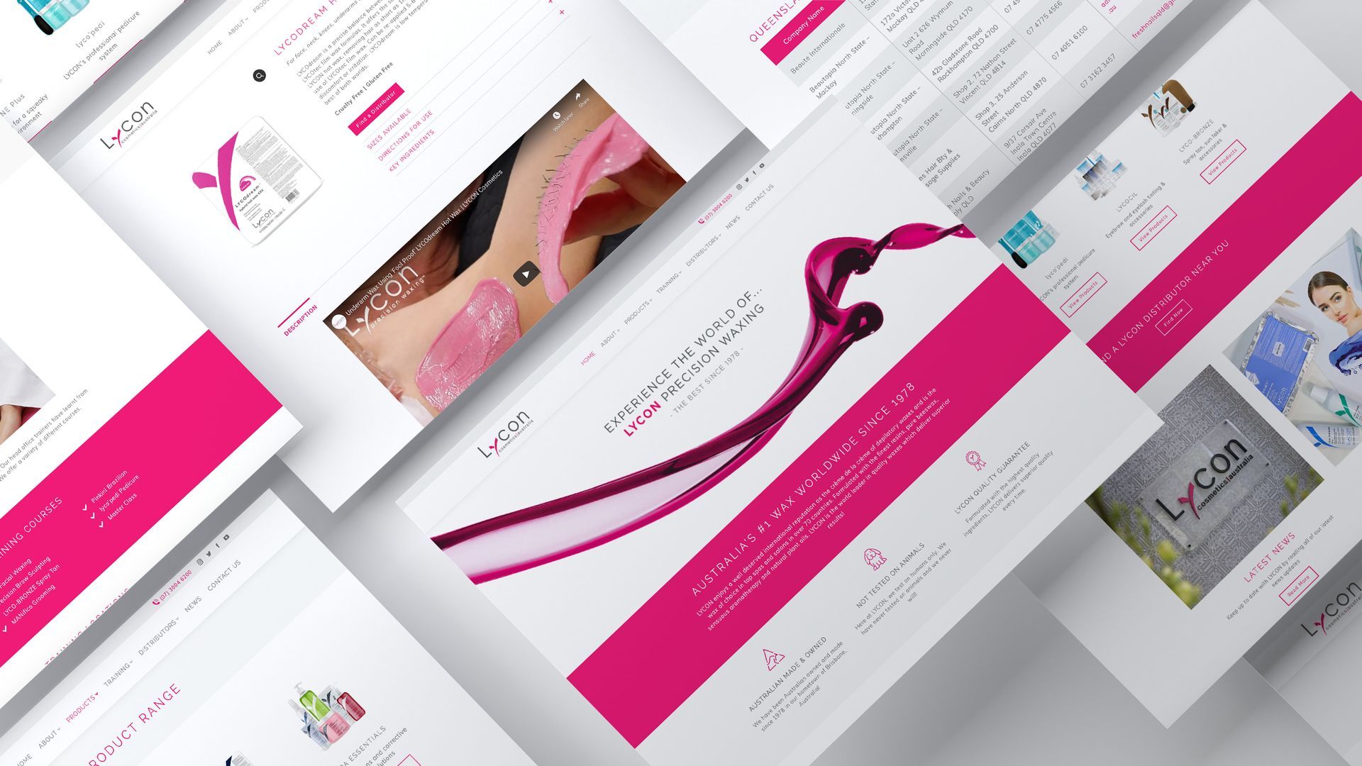 Floating website screens taken from LYCON Cosmetics website, with pink wax splash on front, pink icons and product pages.