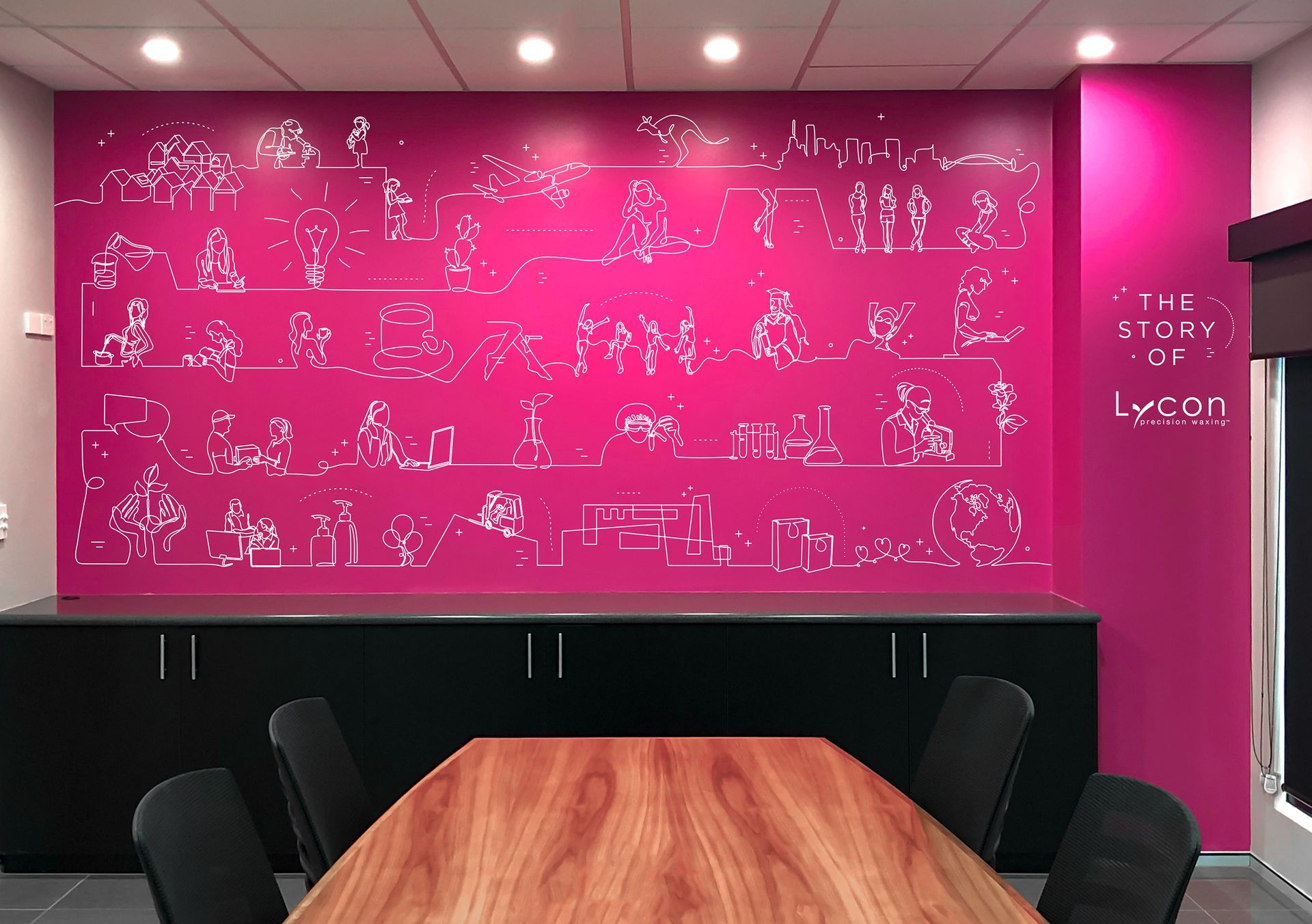A conference room with a pink wall that says the story of lycan