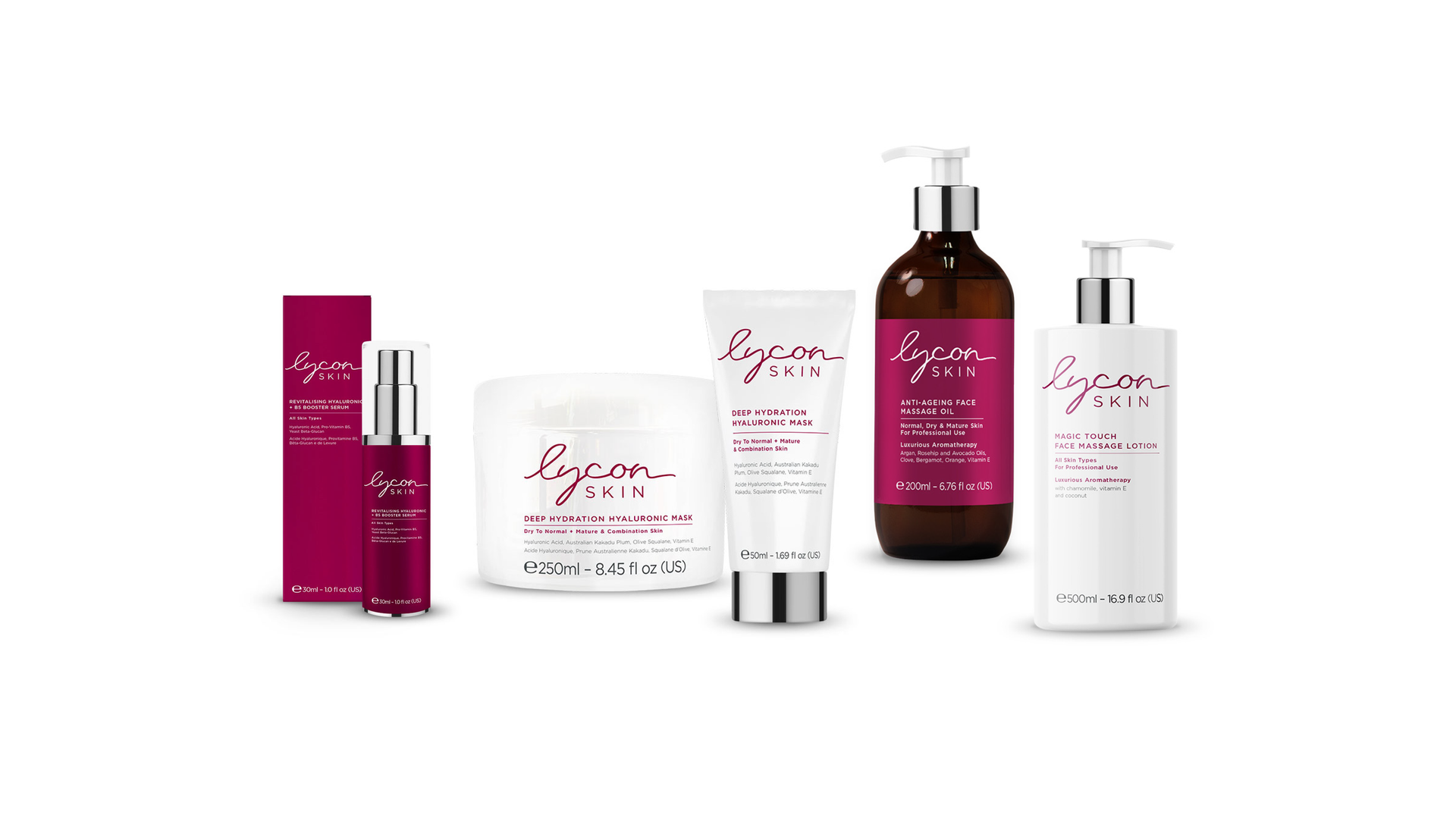 A group of cosmetics sitting next to each other on a white surface.