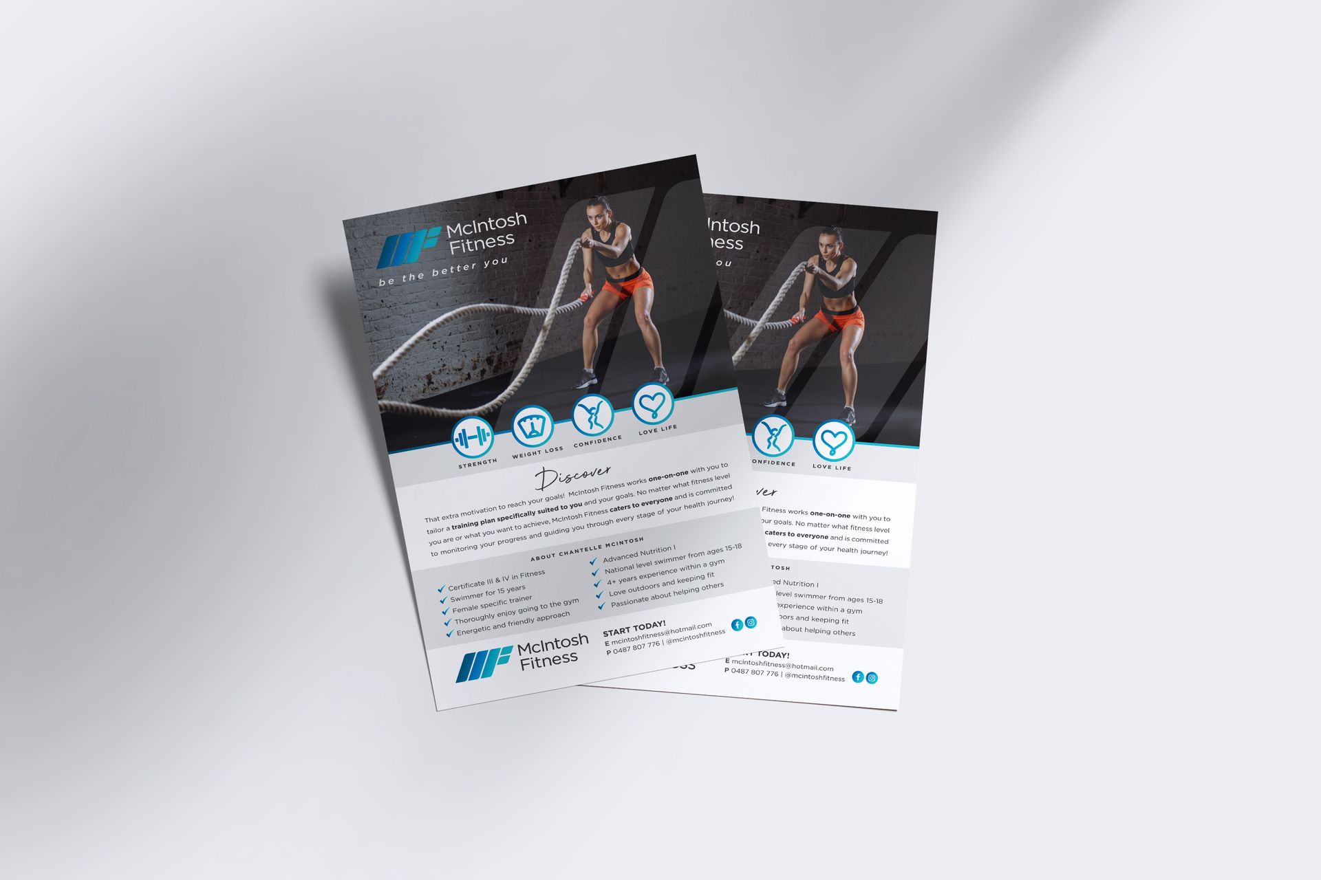 McIntosh Fitness promotional flyers with female athlete using battle ropes, contact info, services, and slogan.