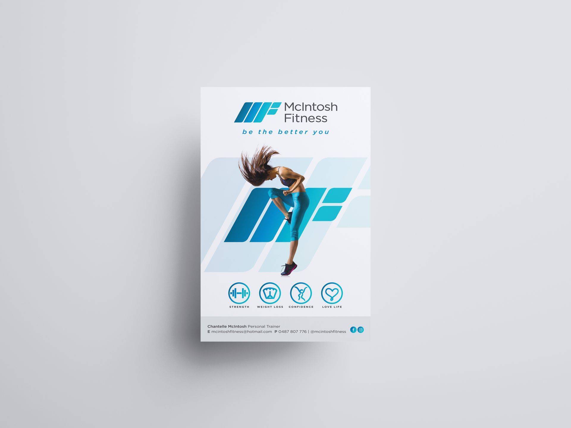 McIntosh Fitness flyer with female athlete, contact info, social media and 'be the better you' slogan.