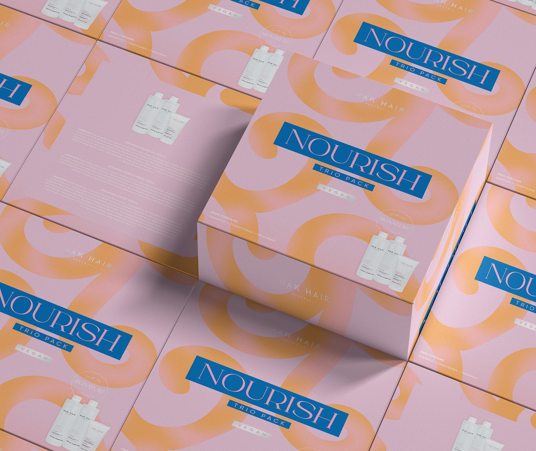 A bunch of boxes with the word nourish on them