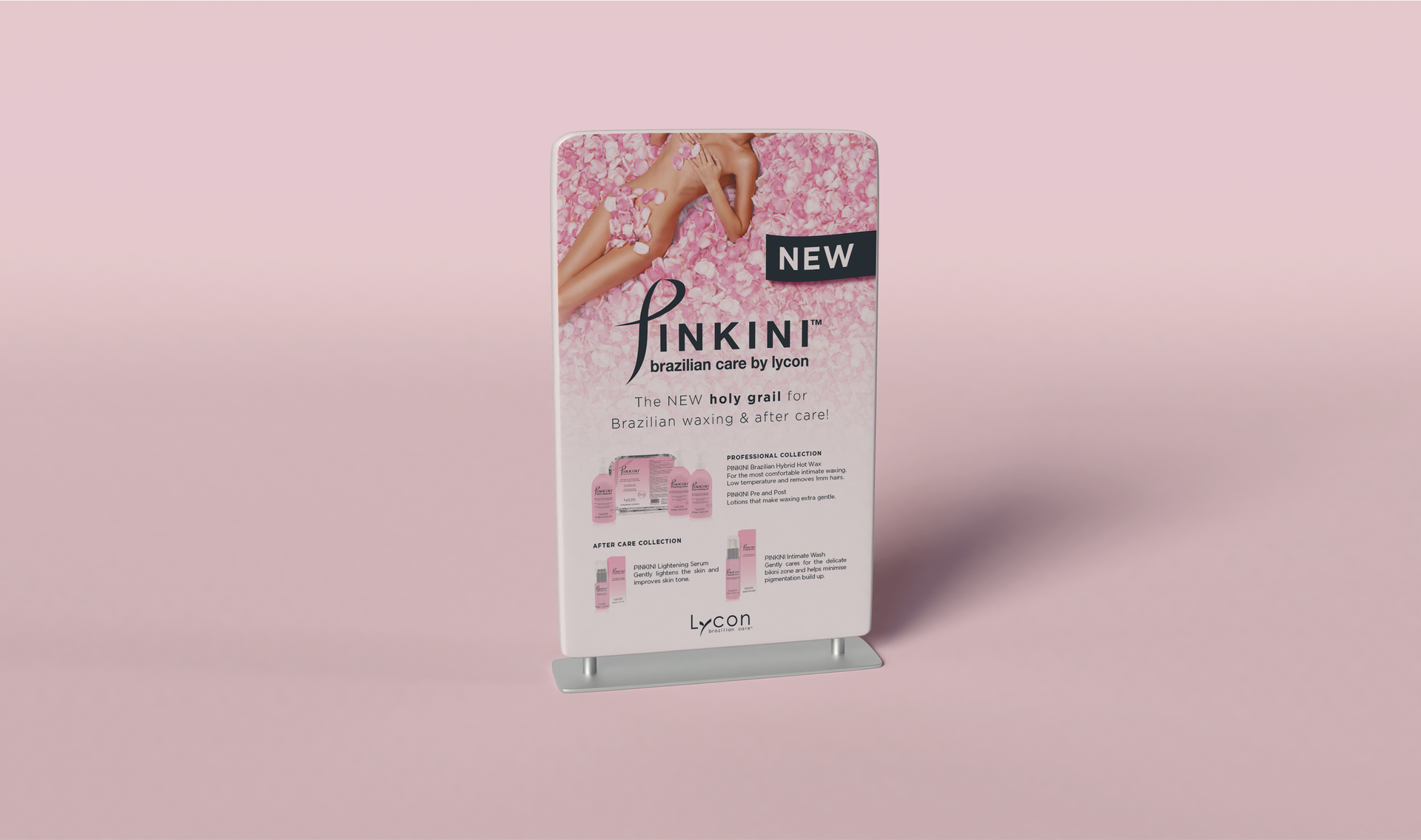 A pink flyer is sitting on top of a pink table.