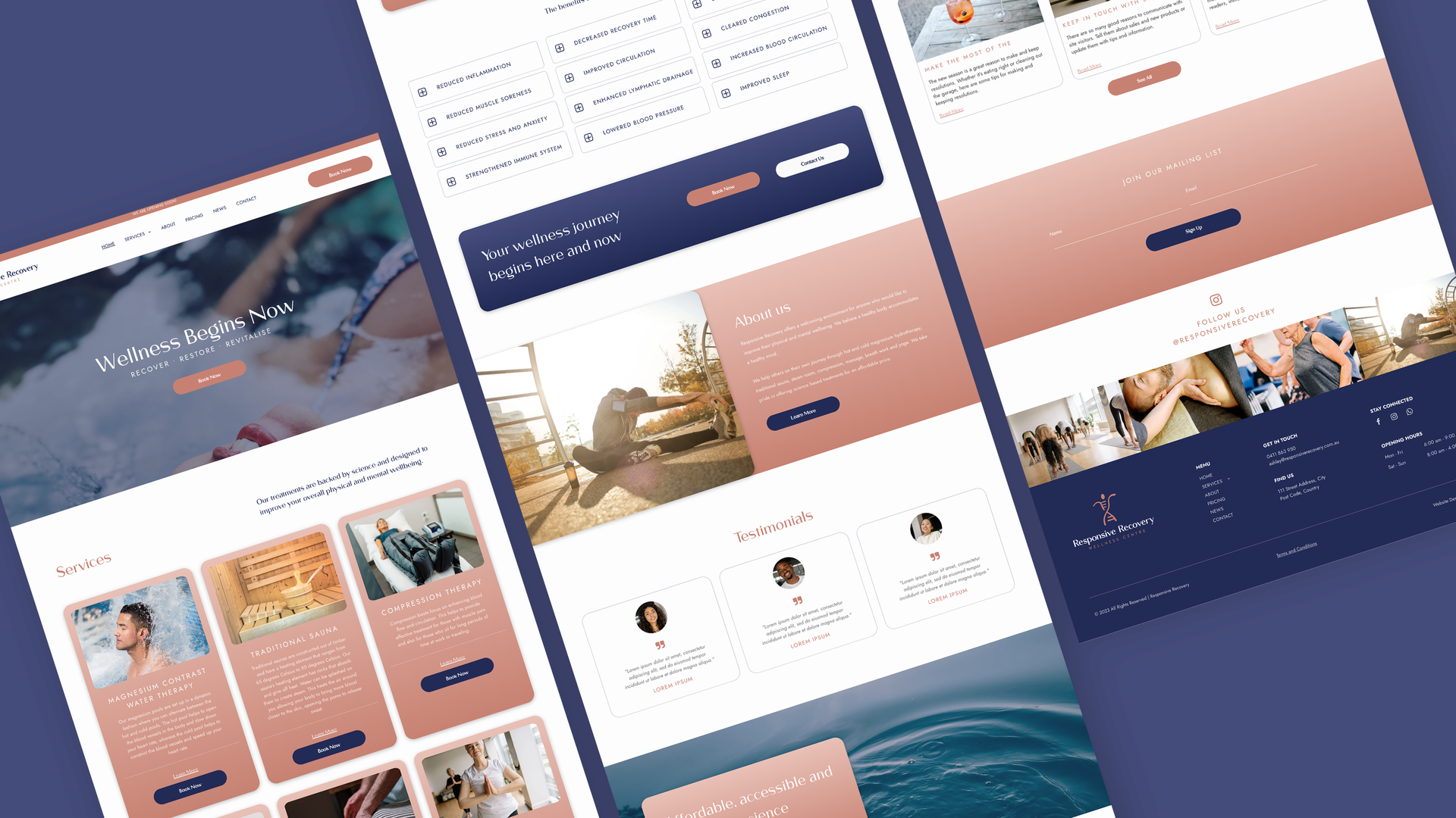 Full UI flow layout of the Responsive Recovery website utilising navy blue and coral colour themed and modern interface.