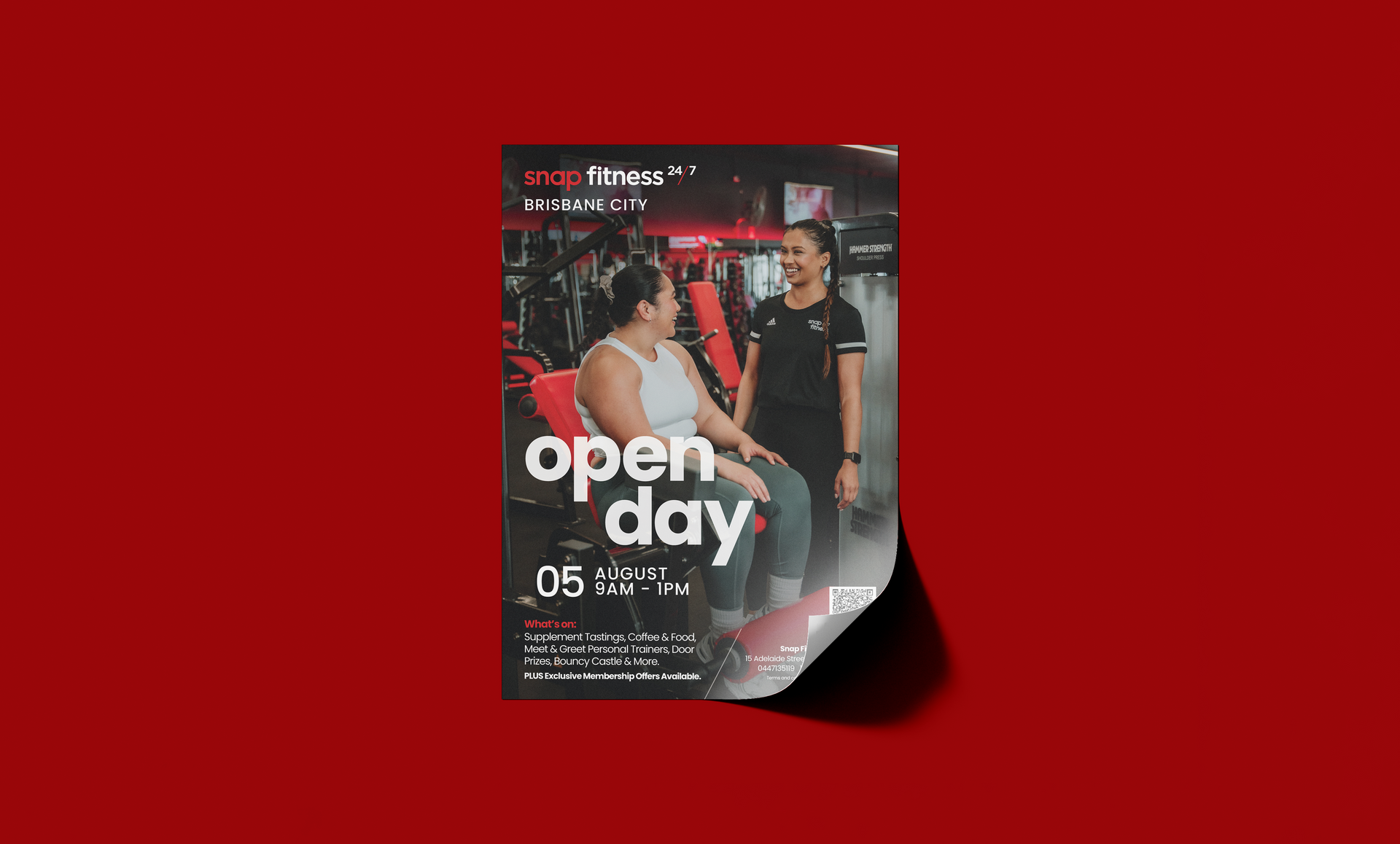 A poster for an open day at a gym with two women talking to each other.