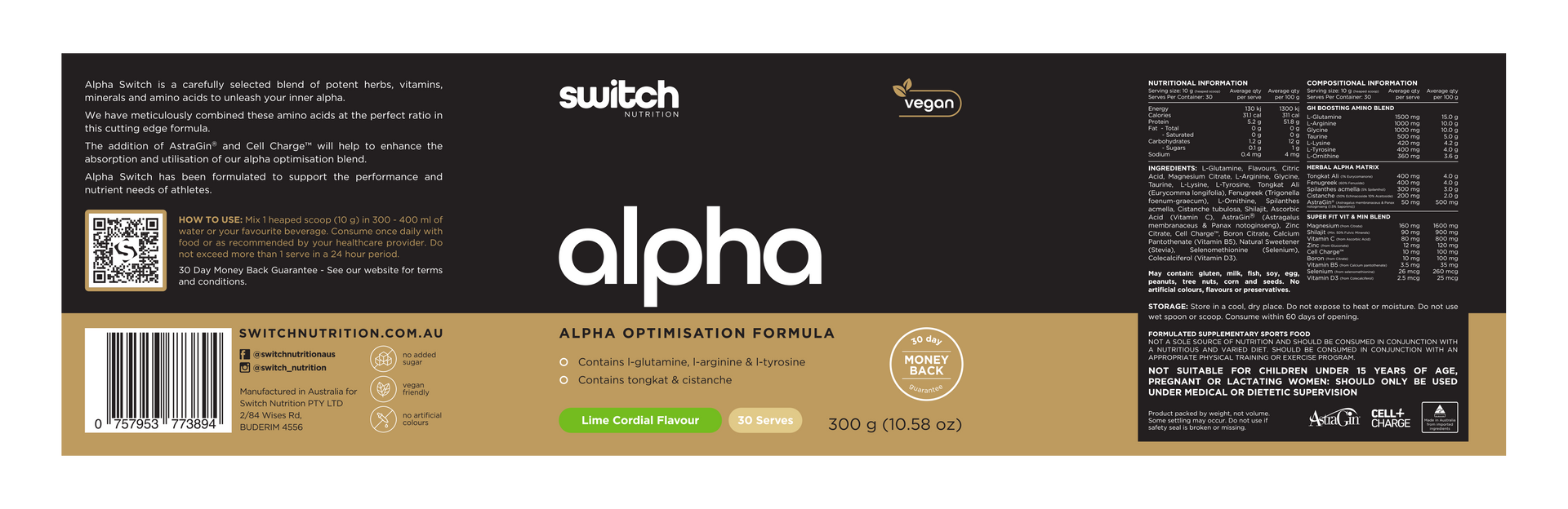 A black and gold label with the word alpha on it