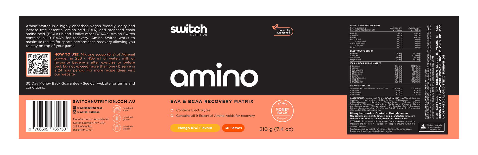A label for a bottle of amino on a white background.