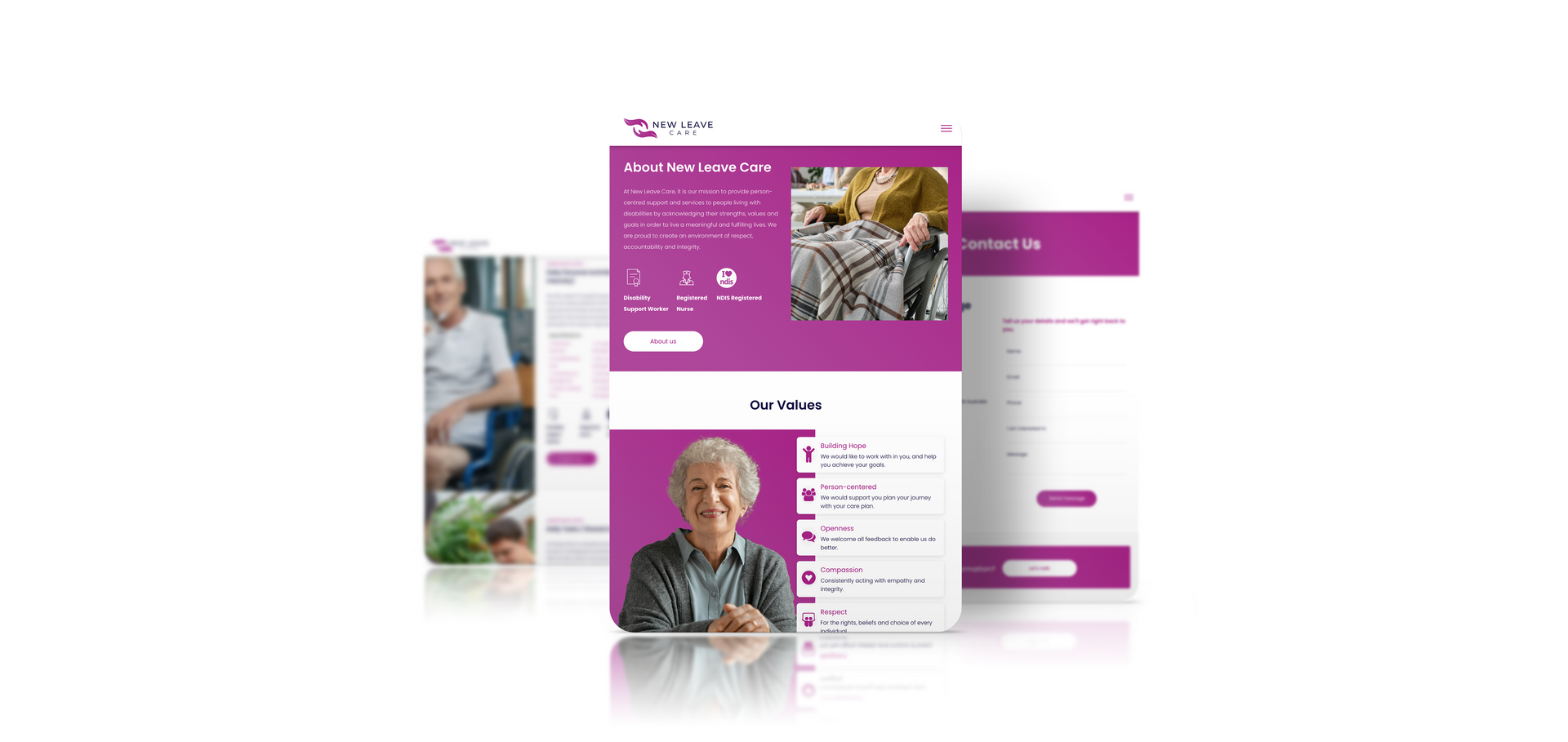 A purple website with a picture of an elderly man on it.