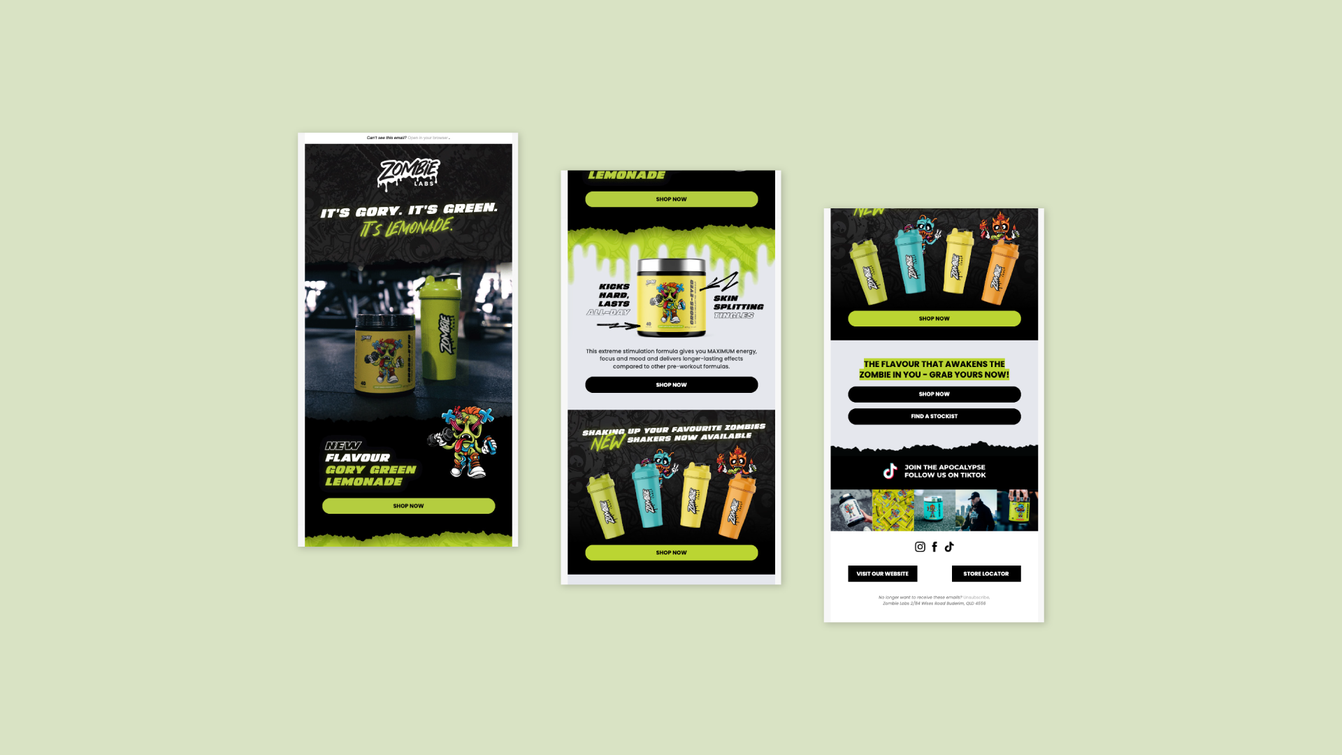Email flow mockup for Zombie Labs email marketing in relation to the new Gory Green Lemonade Cross-Eyed product.